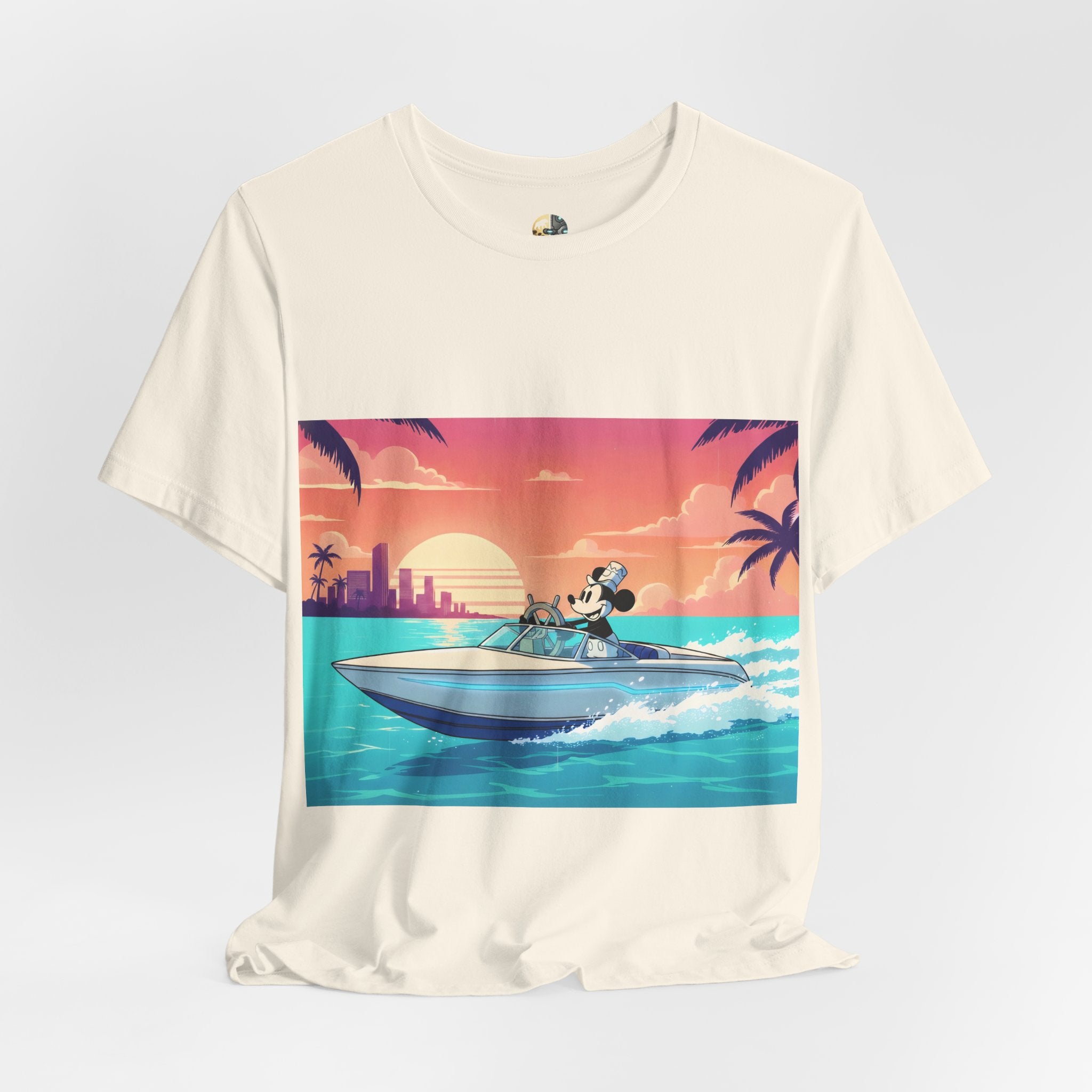 Natural color t-shirt with A 1920s-style riverboat mouse captain piloting a modern speedboat against a neon 1980s Miami-style sunset and skyline