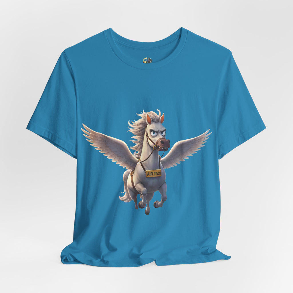 Aqua blue t-shirt featuring a cartoon pegasus wearing a sign that reads “Air Taxi”