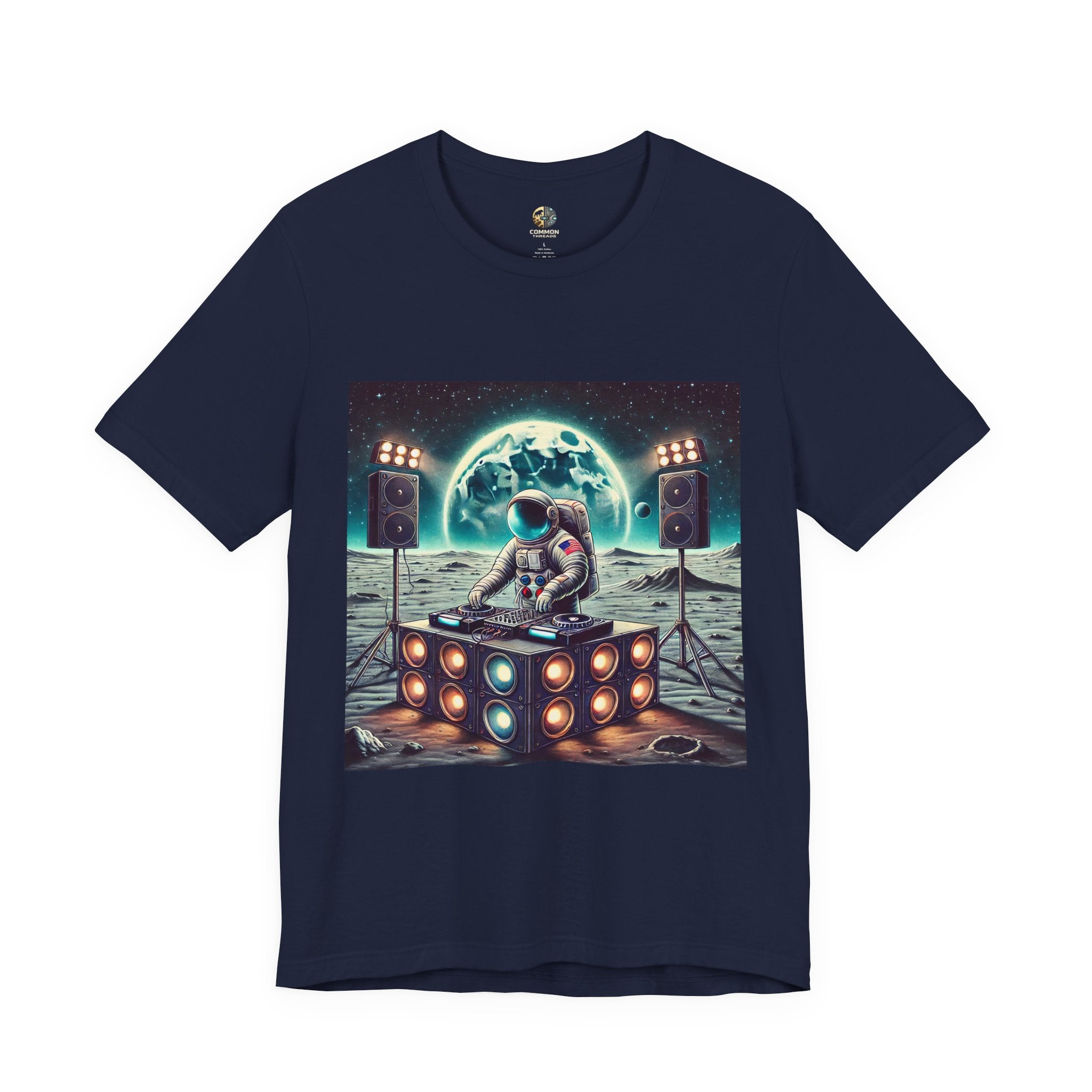 Navy blue T-shirt with graphic of an astronaut on the moon DJing with large speakers, with Earth visible in the starry sky
