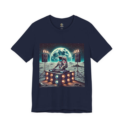 Navy blue T-shirt with graphic of an astronaut on the moon DJing with large speakers, with Earth visible in the starry sky