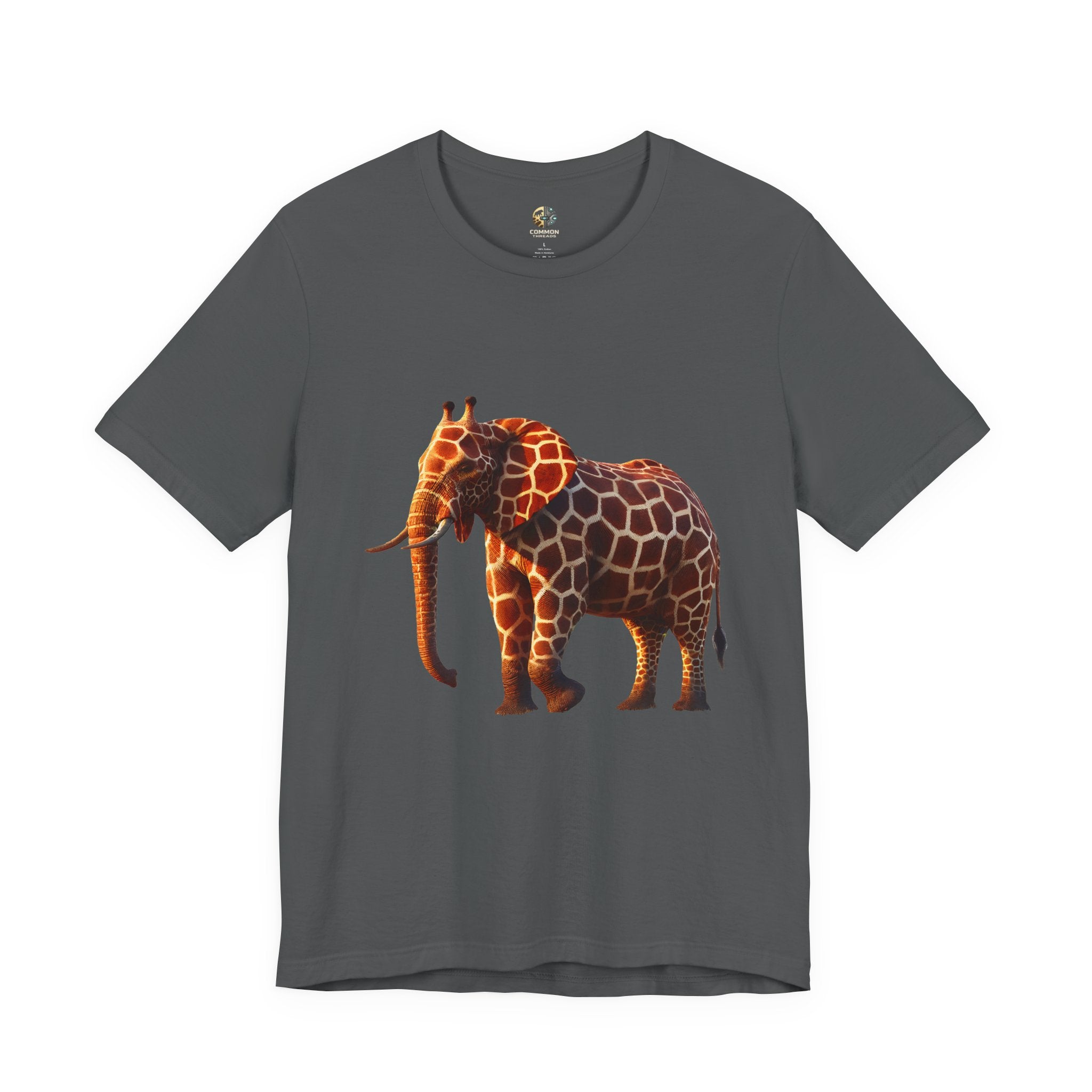 Asphalt grey T-shirt featuring an elephant–giraffe hybrid with giraffe patterns and small ossicones.