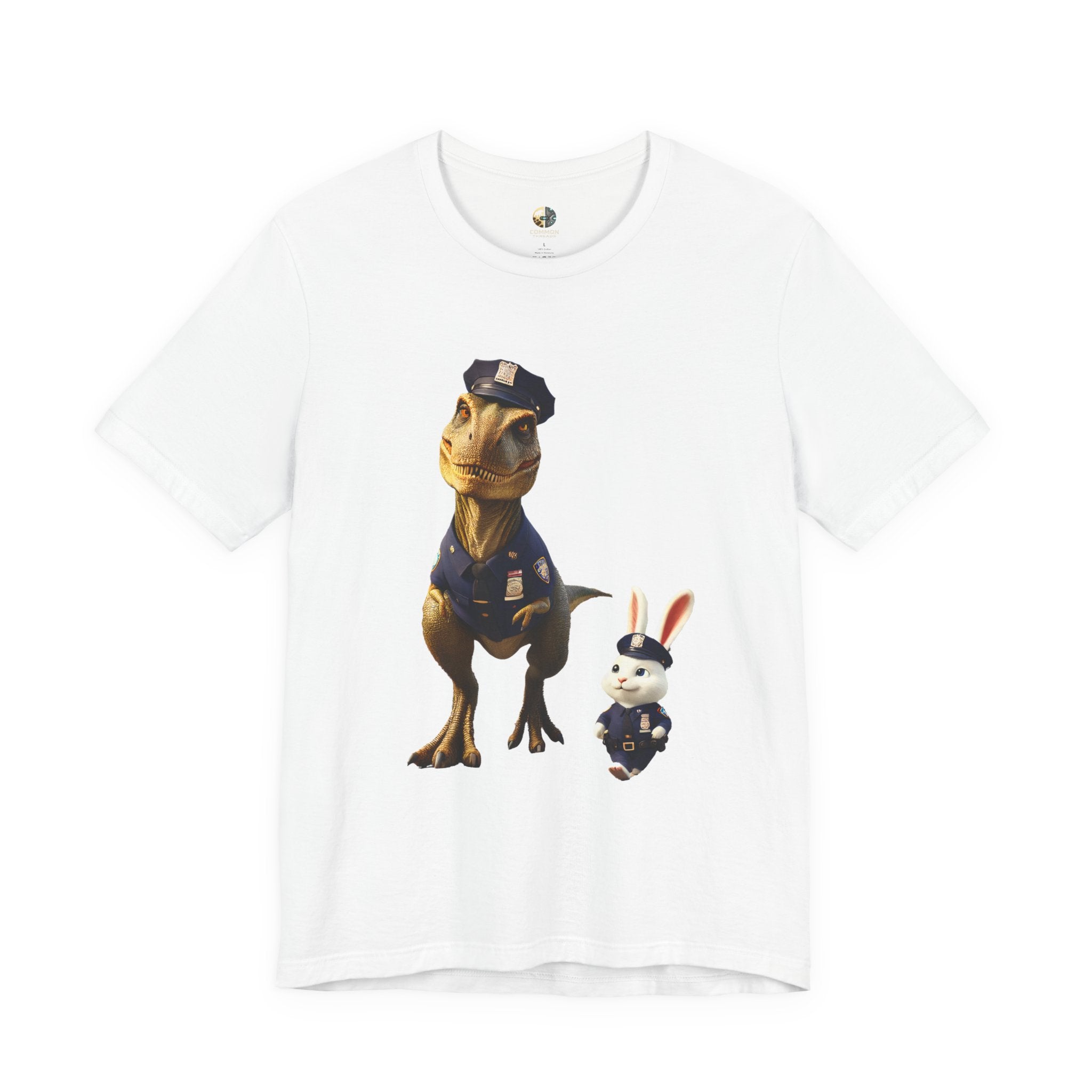 White T-shirt showing a T-Rex and a bunny dressed as police officers standing together