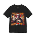 Black T-shirt featuring a classic vampire dressed like Count Dracula sitting in a café, wearing red sunglasses and drinking from a teacup filled with red liquid