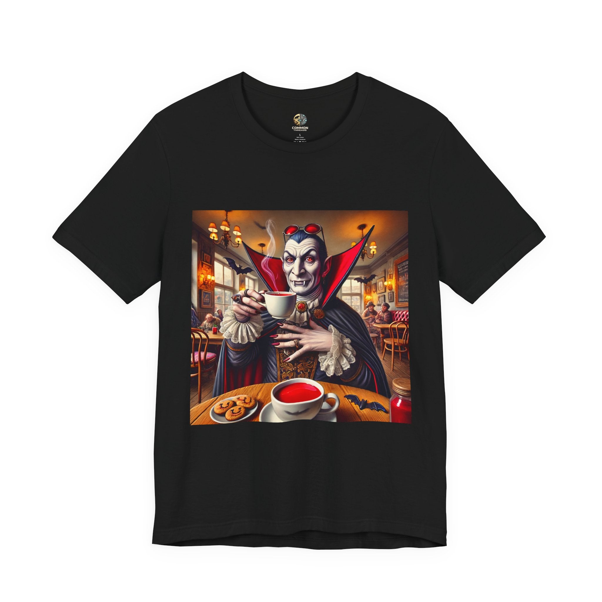 Black T-shirt featuring a classic vampire dressed like Count Dracula sitting in a café, wearing red sunglasses and drinking from a teacup filled with red liquid