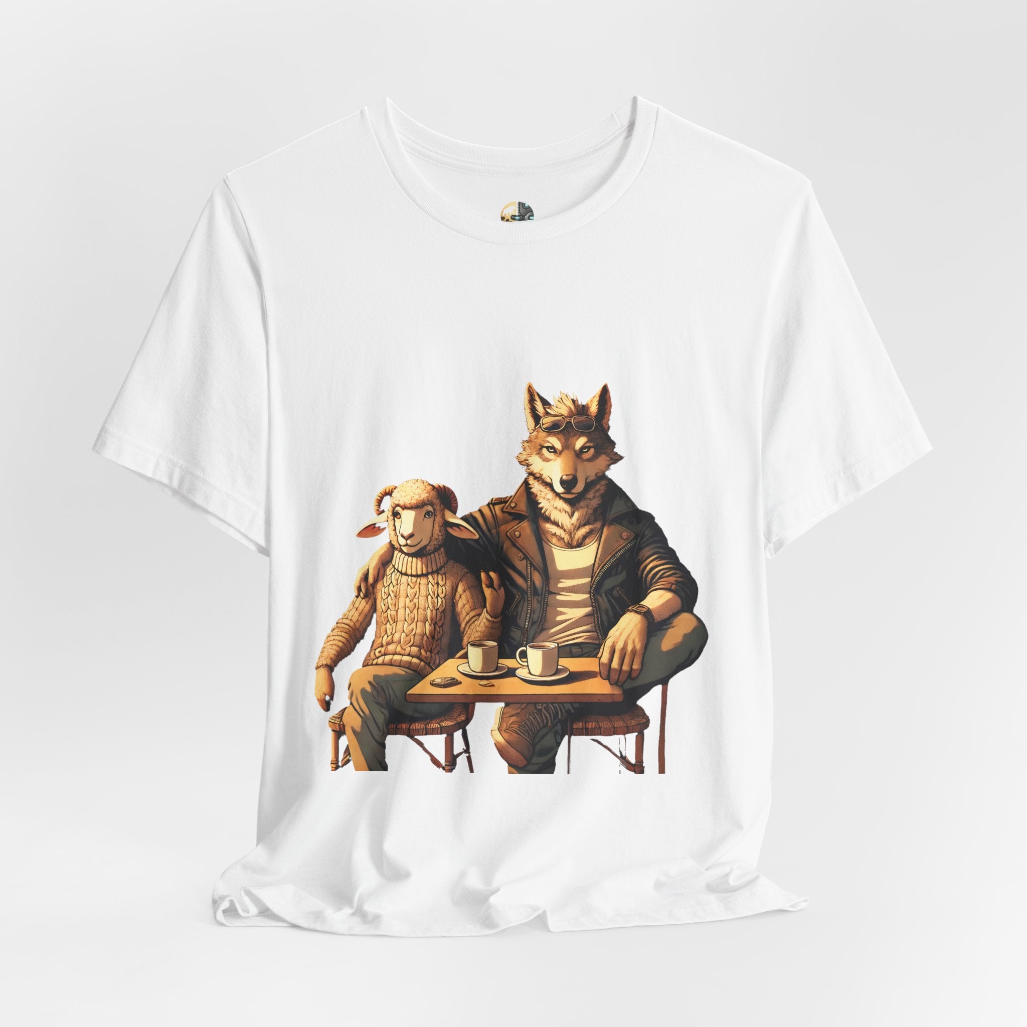 White T-shirt featuring an anthropomorphic wolf and lamb seated at a café table with coffee cups, illustrated in warm, painterly tones