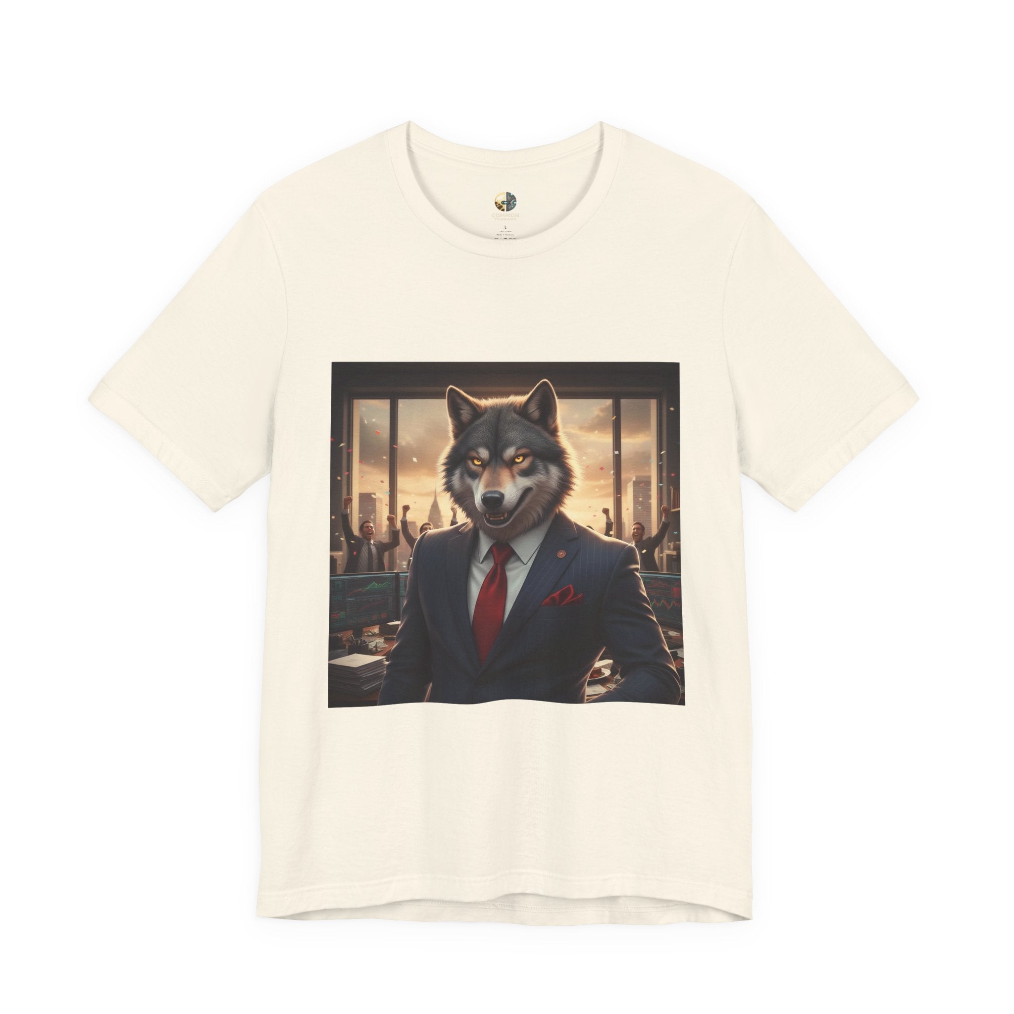 Natural color T-shirt featuring a graphic of a wolf dressed as a stockbroker in a suit and red tie, standing in a high-rise office with celebrating traders in the background