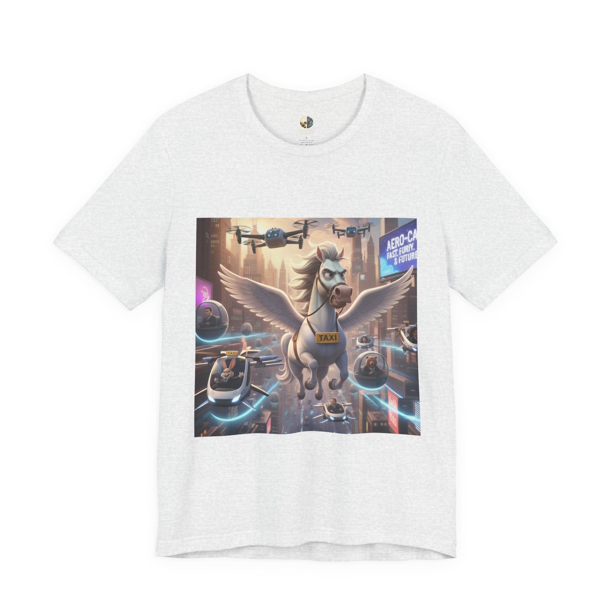 Ash color t-shirt featuring a winged horse in a futuristic cityscape, with a sky full of airborne vehicles