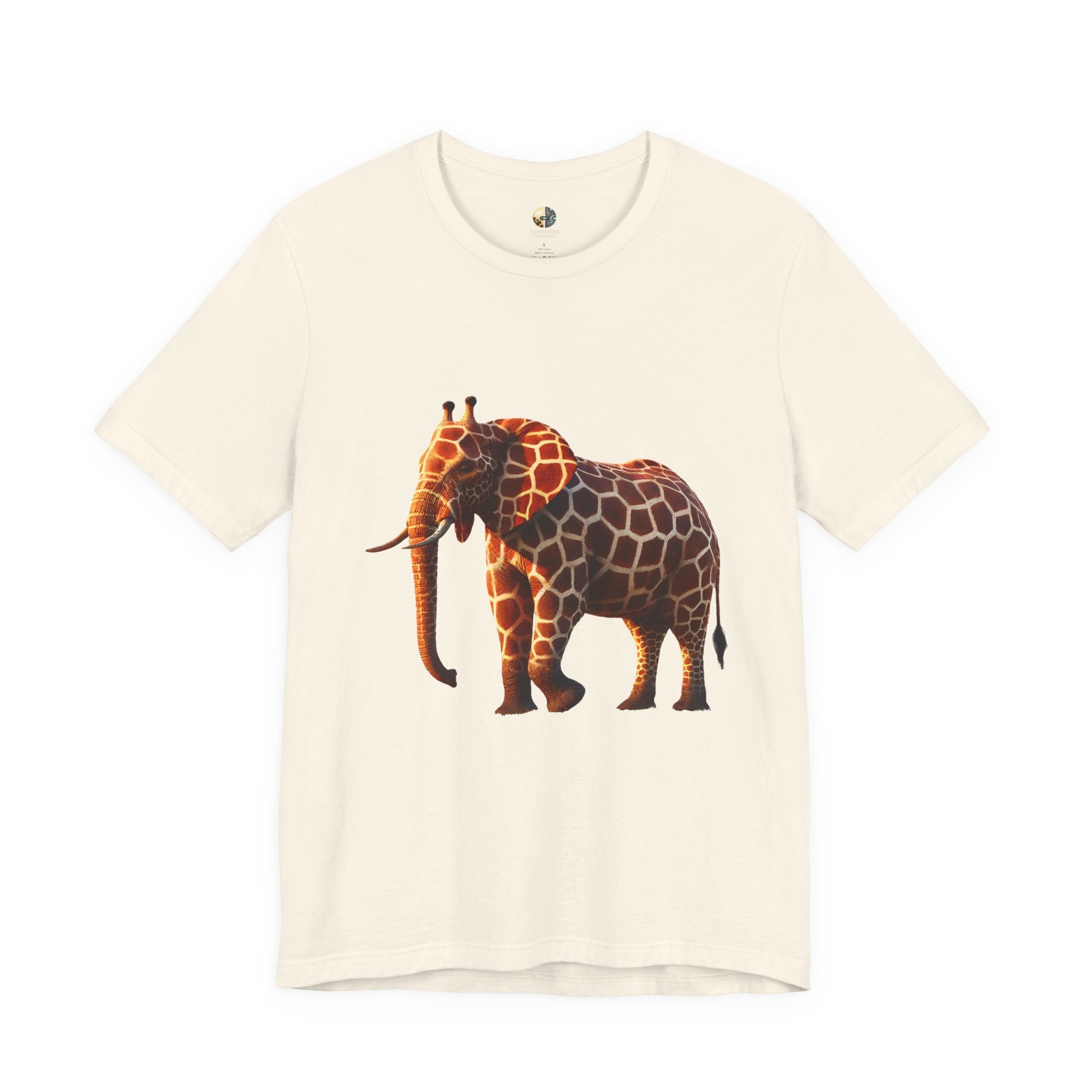 Natural color T-shirt featuring an elephant–giraffe hybrid with giraffe patterns and small ossicones.