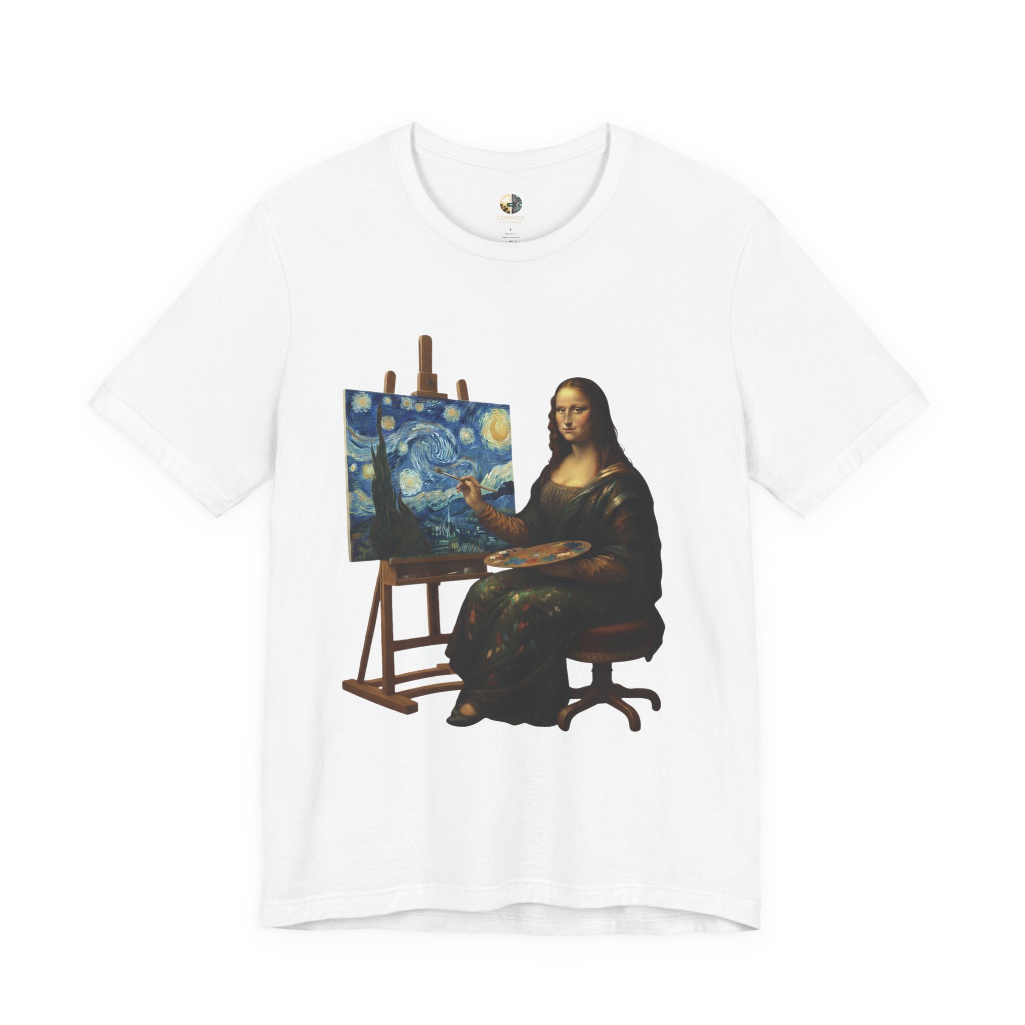 White t-shirt with a graphic of the Mona Lisa painting ‘The Starry Night’