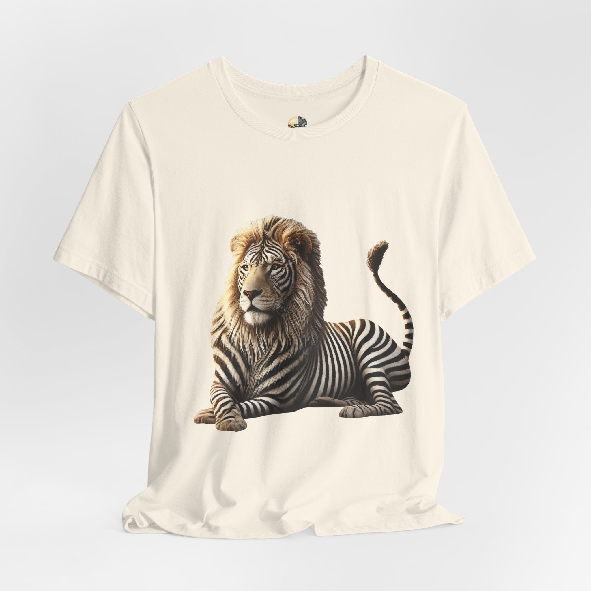 Natural color T-shirt with graphic of a lion with zebra stripes
