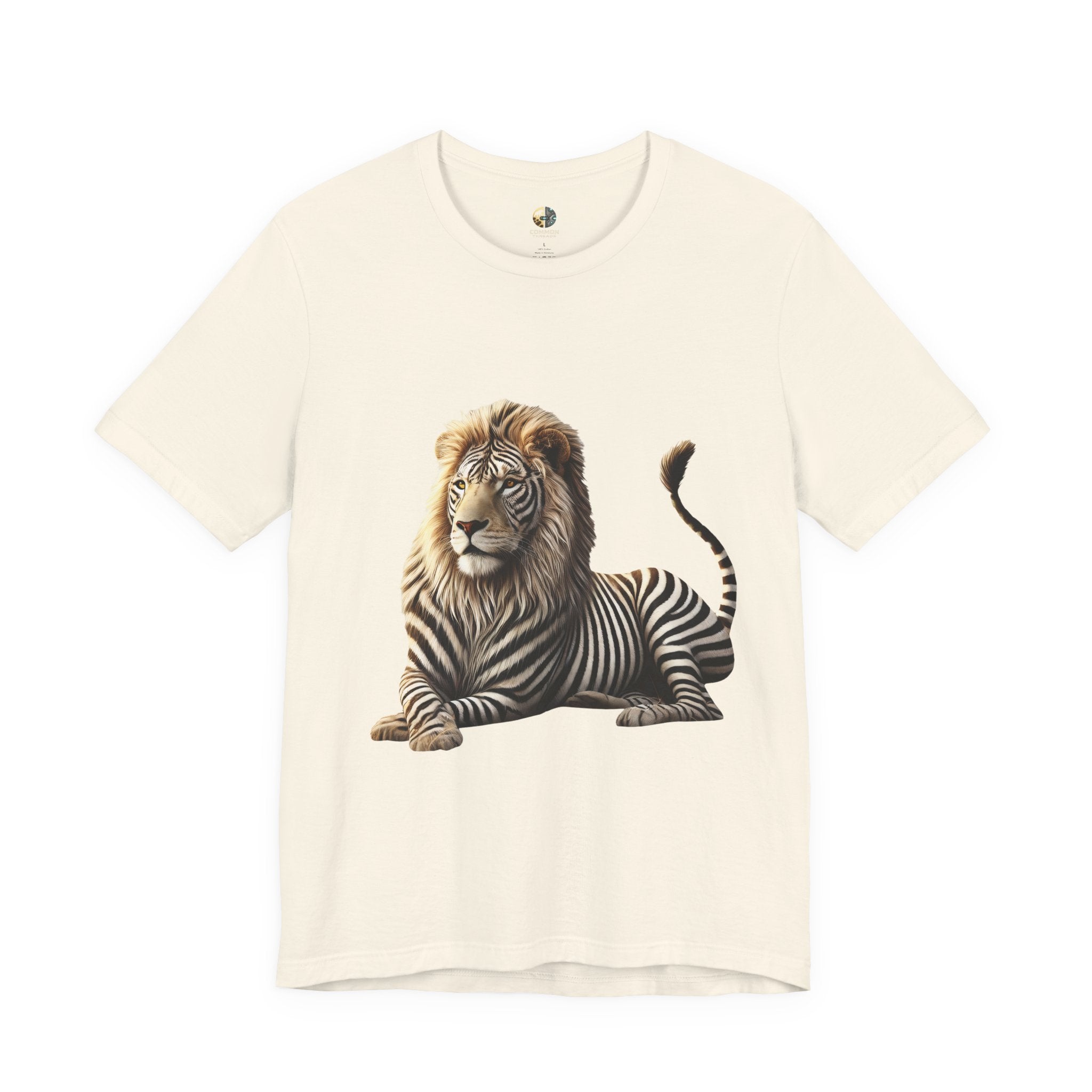 Natural color T-shirt with graphic of a lion with zebra stripes