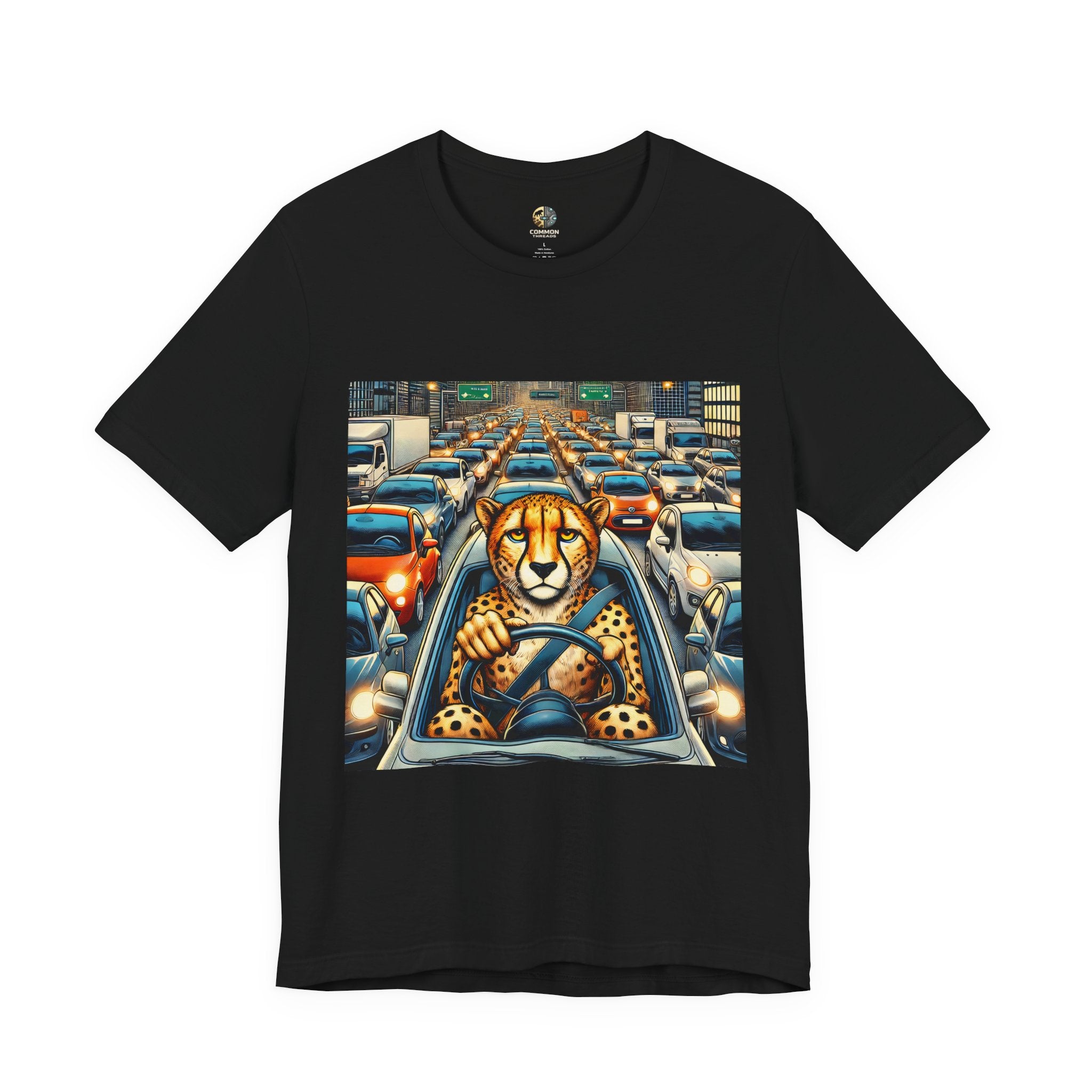 Black T-shirt featuring a graphic of a cheetah sitting in the driver’s seat of a car stuck in heavy city traffic