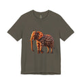 Army color T-shirt featuring an elephant–giraffe hybrid with giraffe patterns and small ossicones.