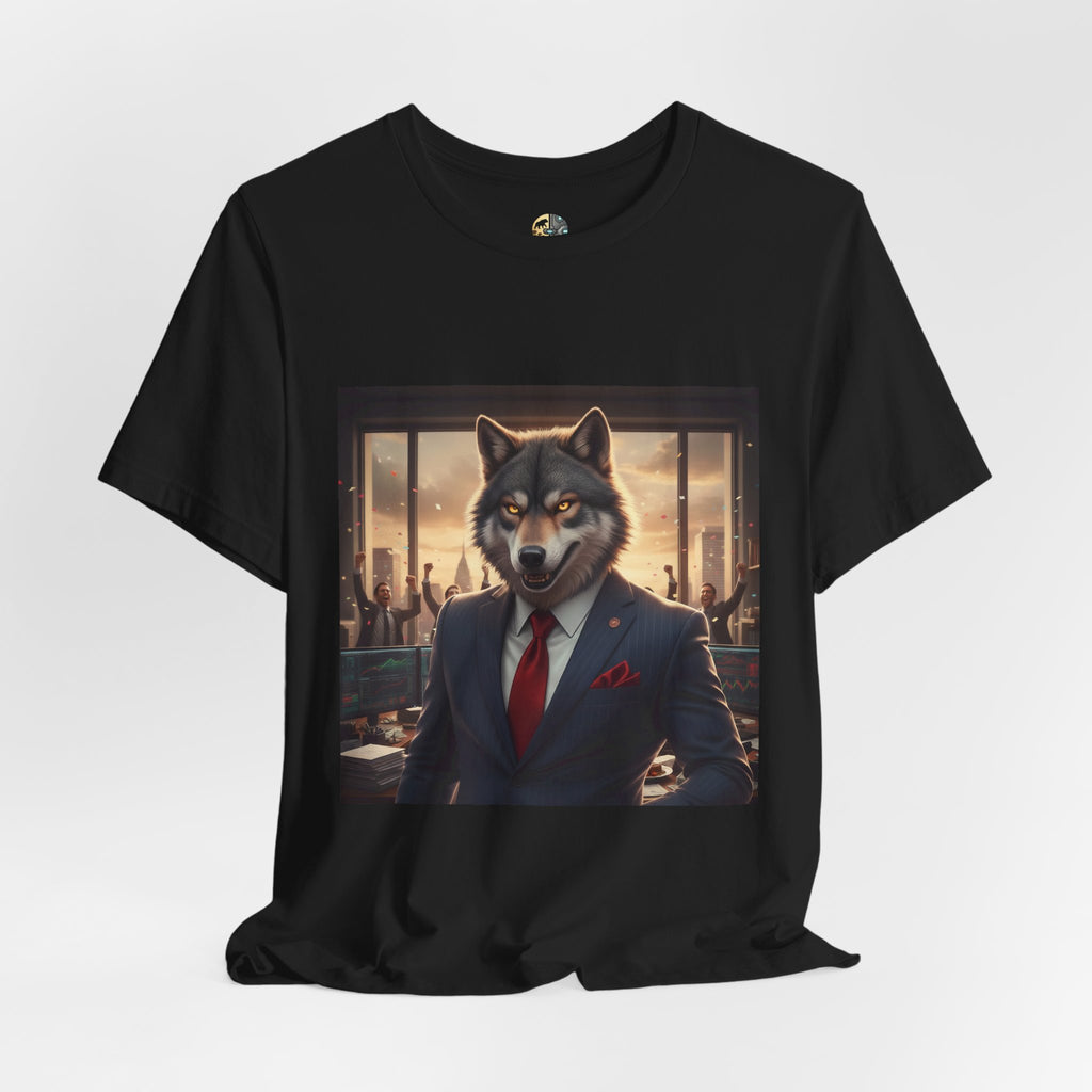 Black T-shirt featuring a graphic of a wolf dressed as a stockbroker in a suit and red tie, standing in a high-rise office with celebrating traders in the background