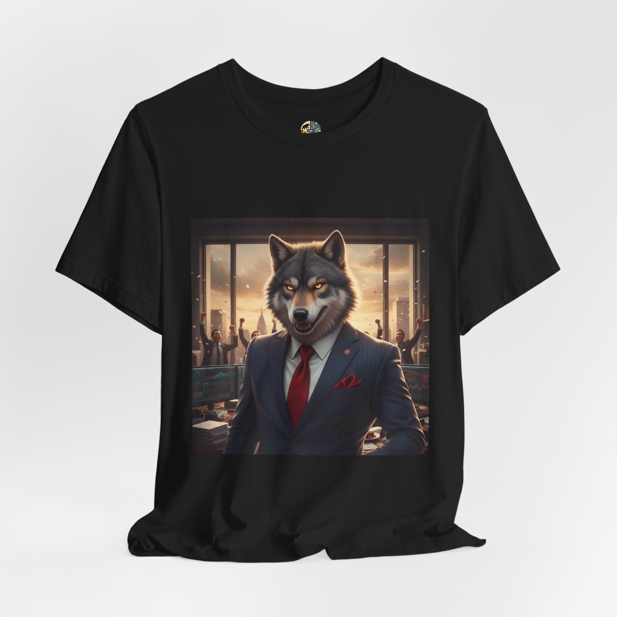 Black T-shirt featuring a graphic of a wolf dressed as a stockbroker in a suit and red tie, standing in a high-rise office with celebrating traders in the background