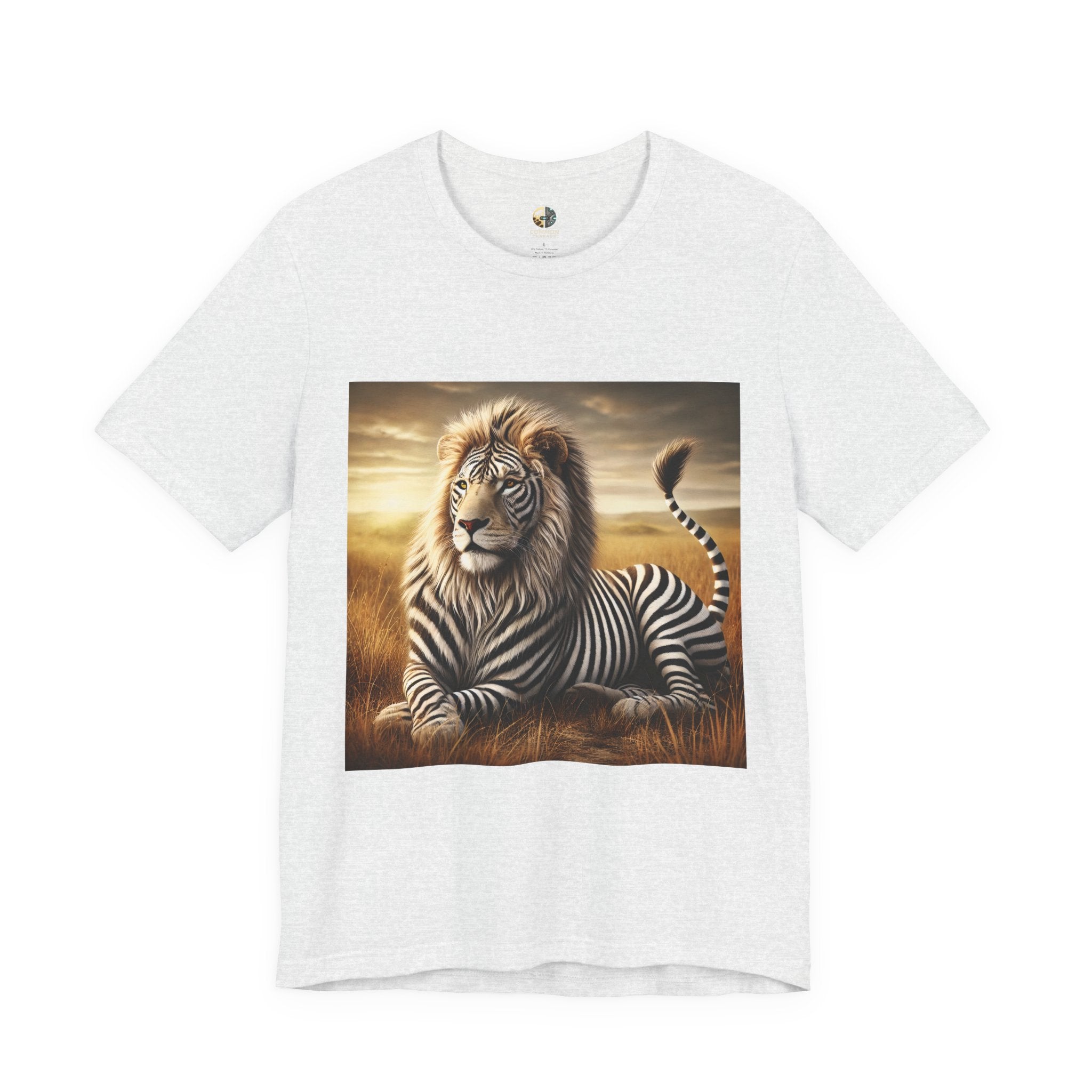 Ash color T-shirt featuring a lion with distinctive zebra-like stripes lying on dry savanna grass under a clear sky