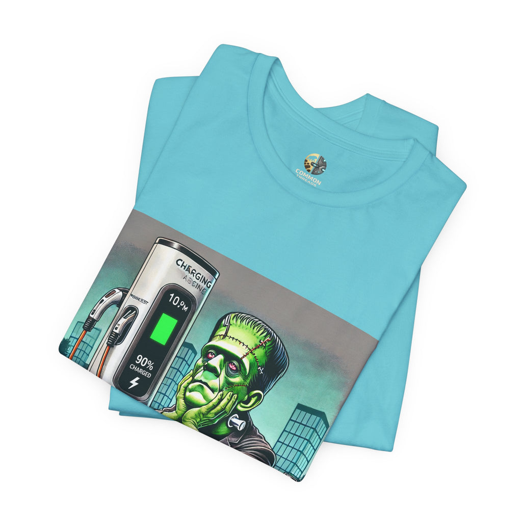 Frankenstein Monster at EV Charger Tee | Frankenstein Recharging T-Shirt | Electric Car Humor, Halloween Sci‑Fi Shirt