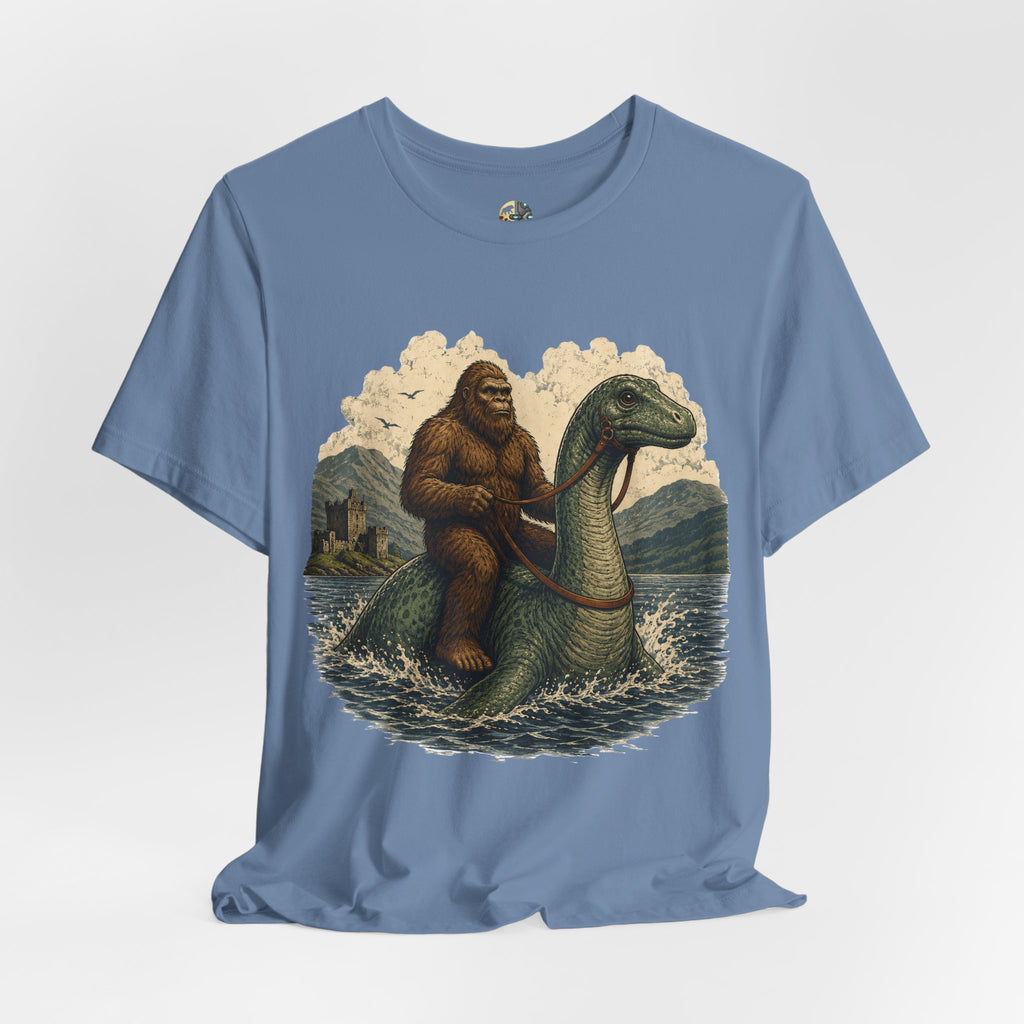 Steel blue t-shirt featuring bigfoot riding on the Loch Ness monster
