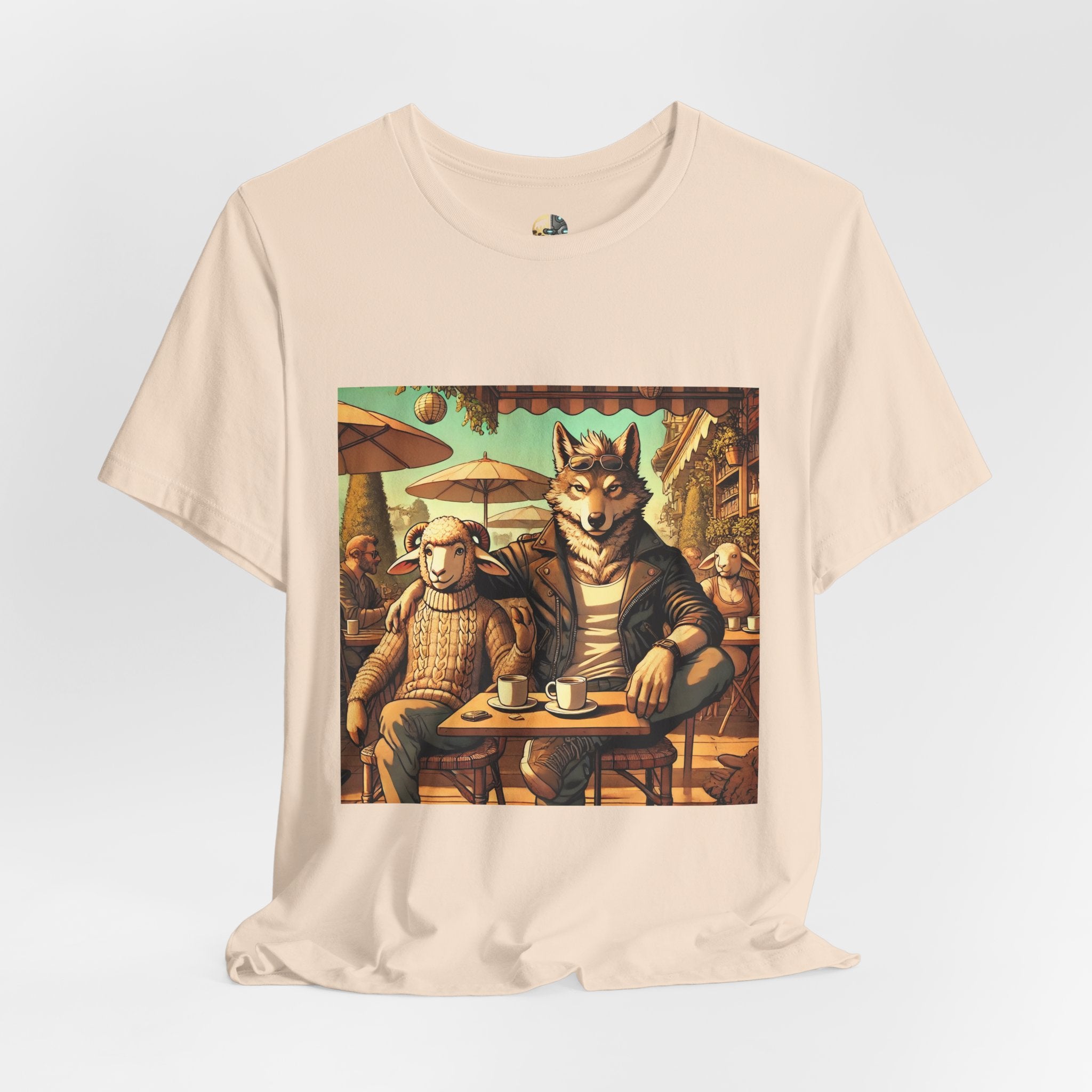 Soft creme T-shirt featuring an anthropomorphic wolf and lamb seated at a café table in warm, painterly style