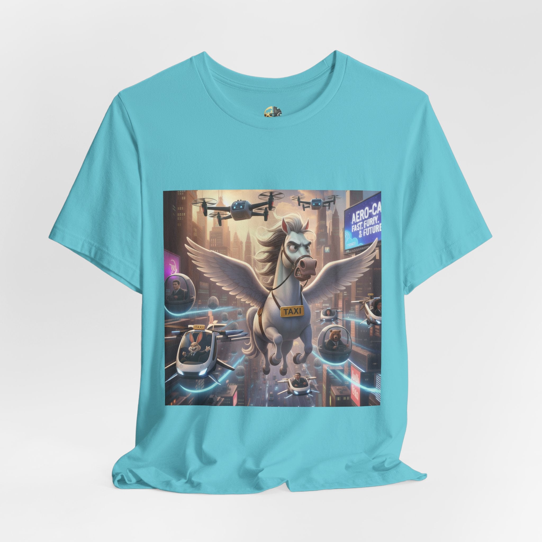 Turquoise t-shirt featuring a winged horse in a futuristic cityscape, with a sky full of airborne vehicles
