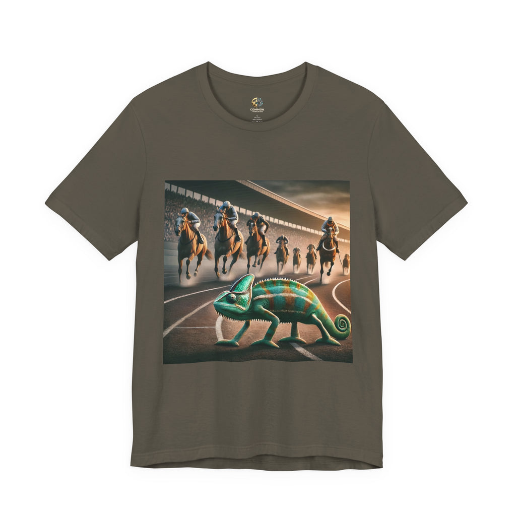 Army-colored T-shirt featuring a chameleon on a racetrack with a pack of racehorses approaching from behind