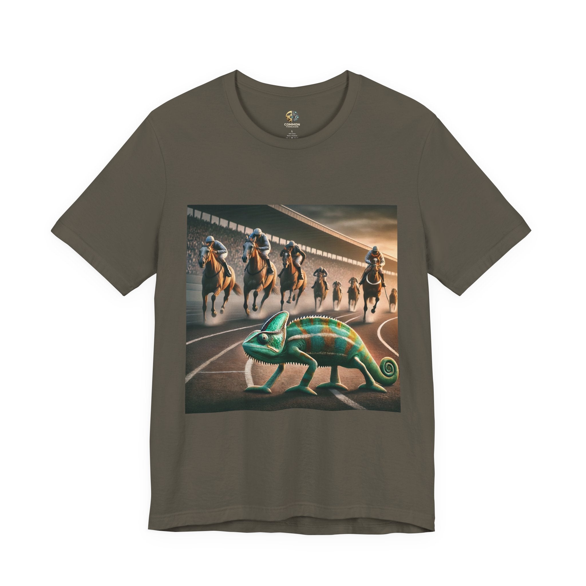 Army-colored T-shirt featuring a chameleon on a racetrack with a pack of racehorses approaching from behind