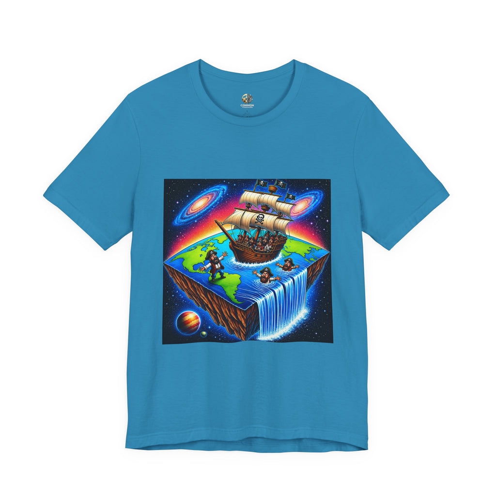 Aqua T-shirt featuring a graphic of pirates on a ship sailing toward the edge of a flat Earth with a large waterfall into space