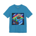Aqua T-shirt featuring a graphic of pirates on a ship sailing toward the edge of a flat Earth with a large waterfall into space