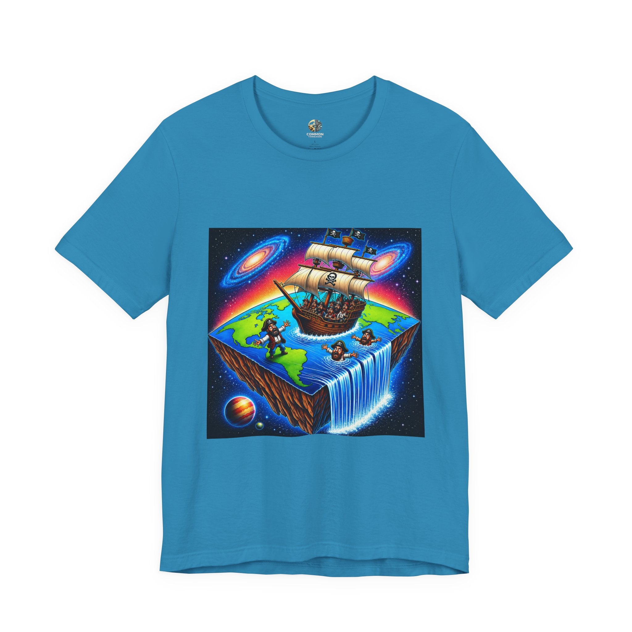 Aqua T-shirt featuring a graphic of pirates on a ship sailing toward the edge of a flat Earth with a large waterfall into space