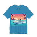Aqua blue t-shirt with A 1920s-style riverboat mouse captain piloting a modern speedboat against a neon 1980s Miami-style sunset and skyline