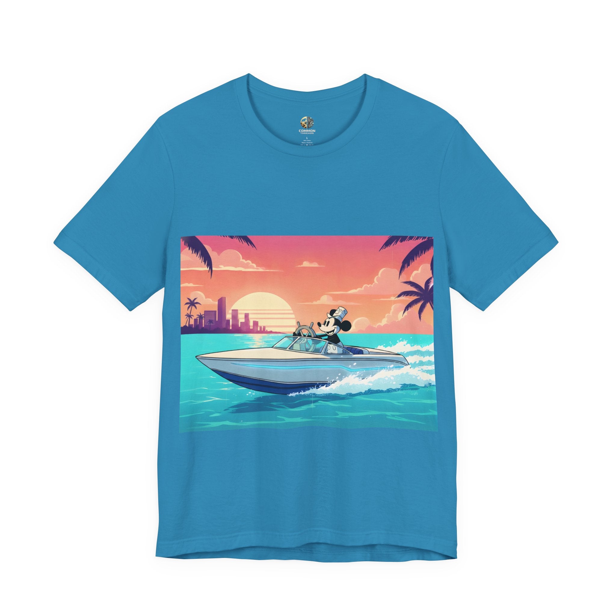 Aqua blue t-shirt with A 1920s-style riverboat mouse captain piloting a modern speedboat against a neon 1980s Miami-style sunset and skyline