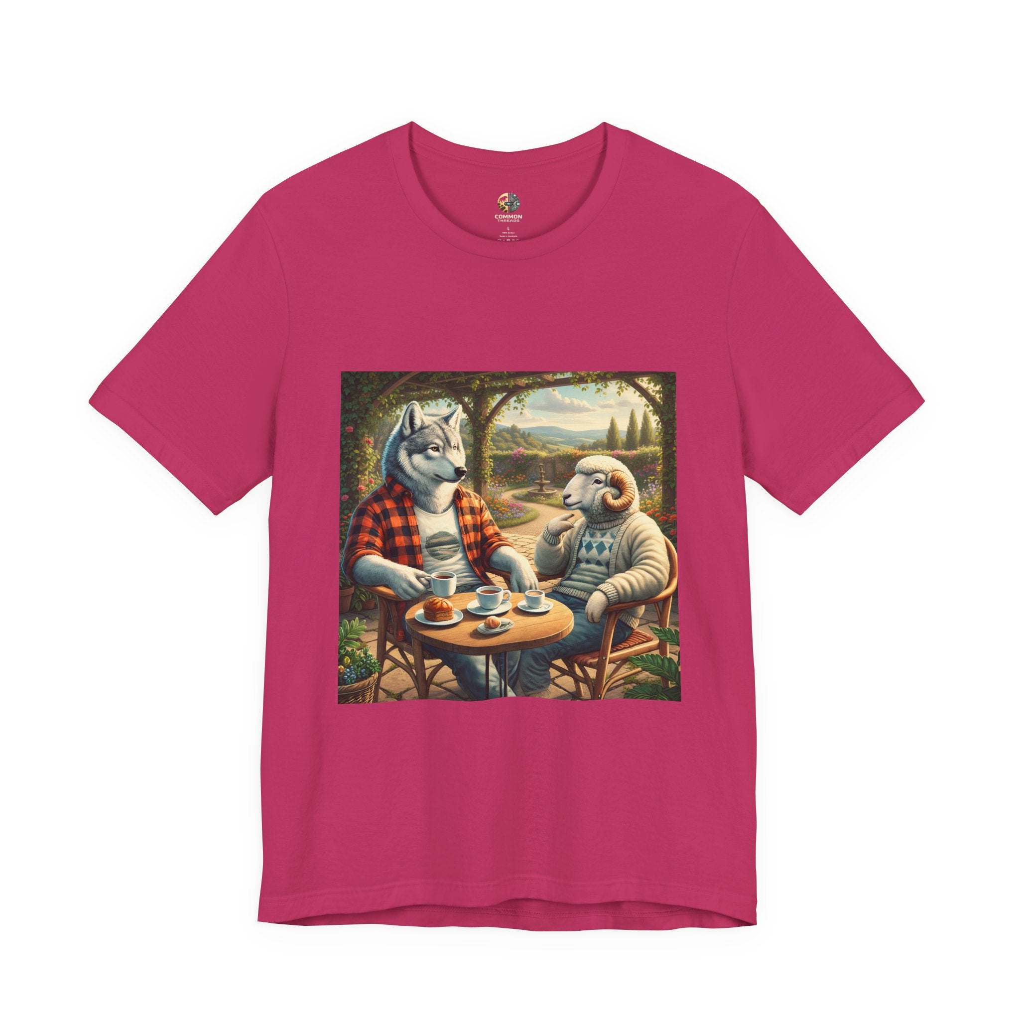 Berry color T-shirt featuring a graphic of a wolf in a flannel shirt and a ram in a patterned sweater sitting at a café table drinking coffee on a porch