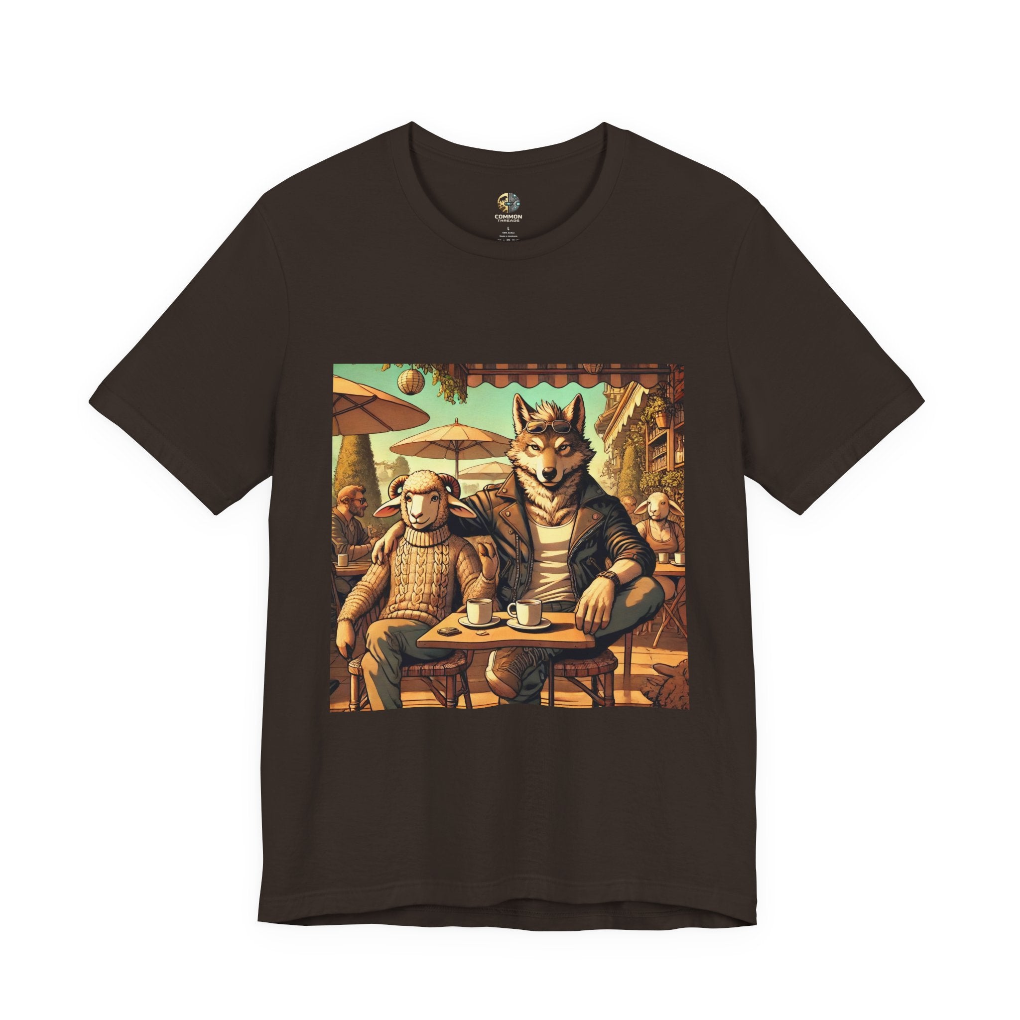 Brown T-shirt featuring an anthropomorphic wolf and lamb seated at a café table in warm, painterly style