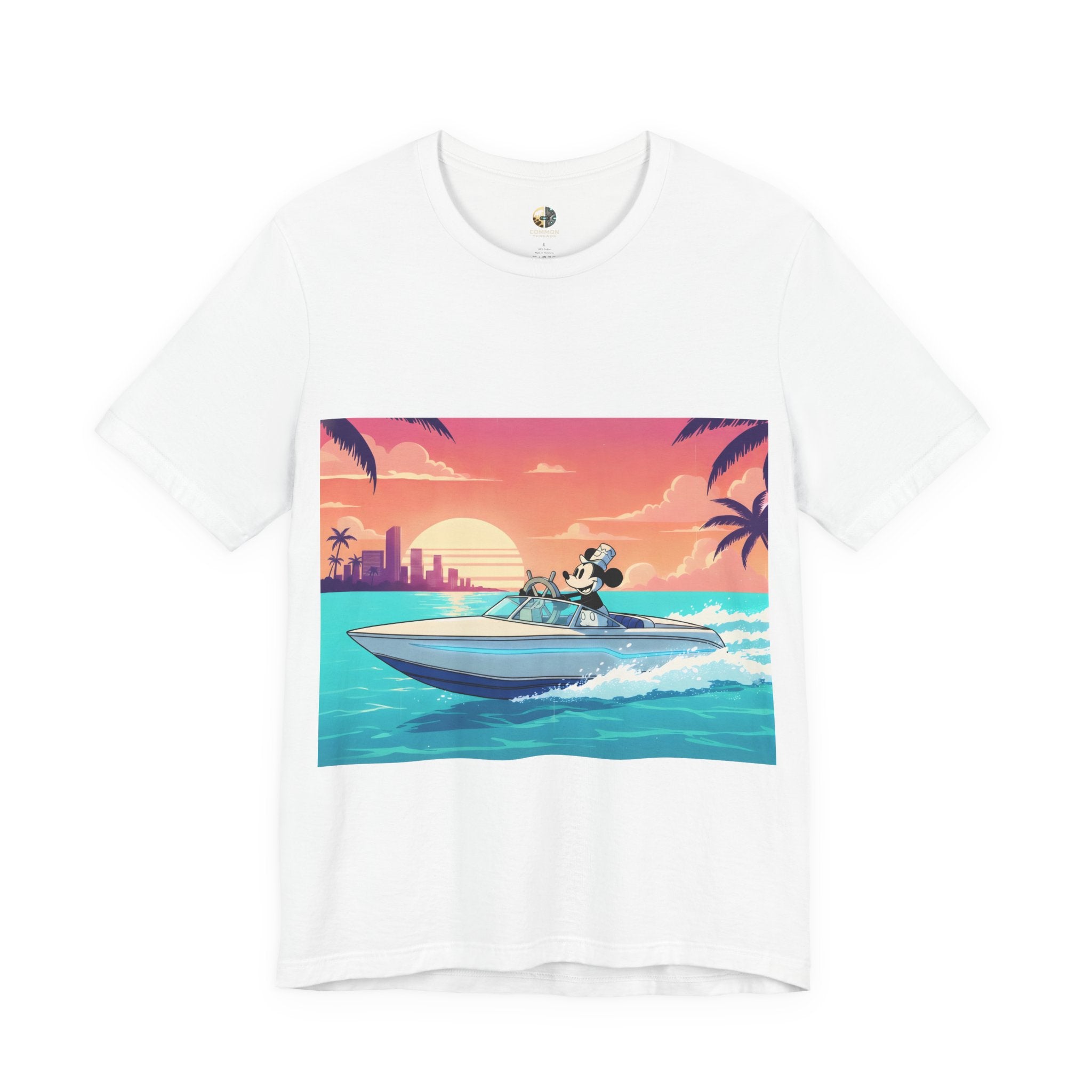 White t-shirt with A 1920s-style riverboat mouse captain piloting a modern speedboat against a neon 1980s Miami-style sunset and skyline