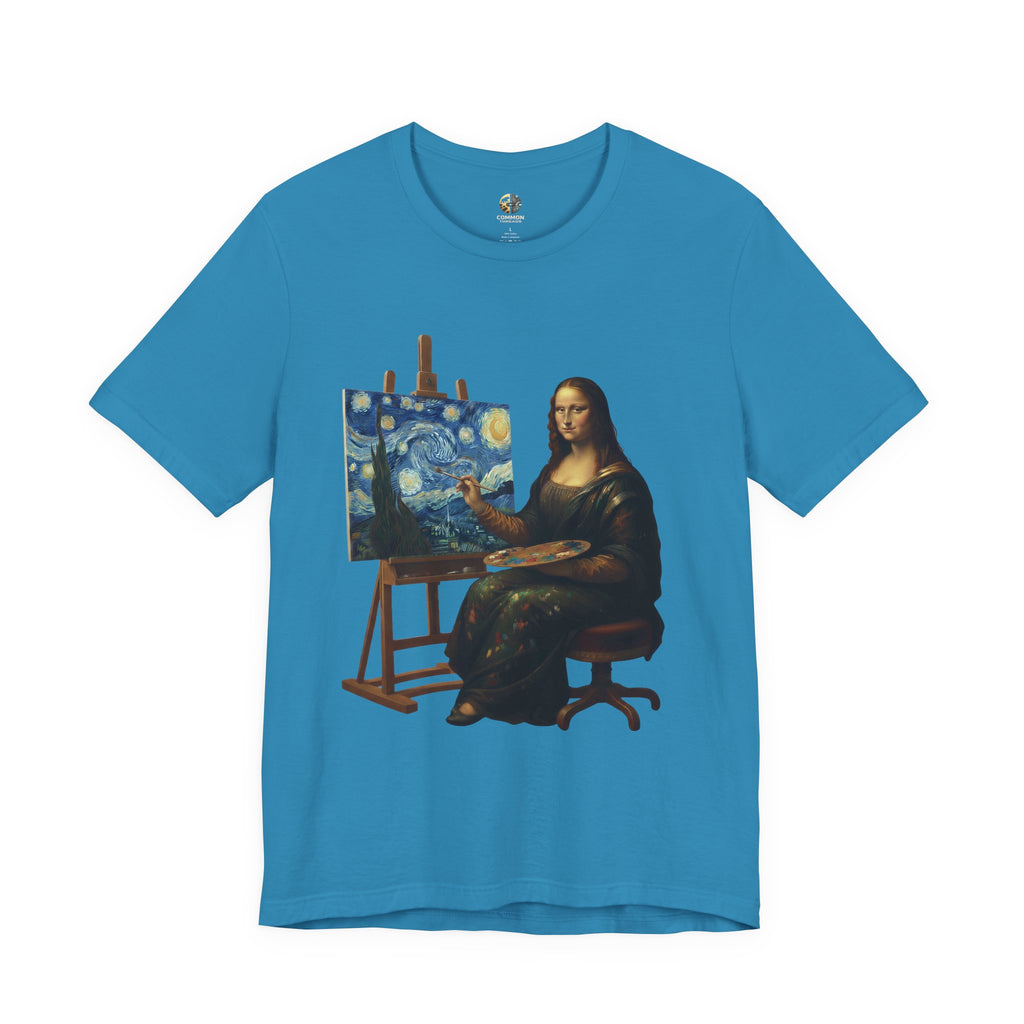 Aqua Blue t-shirt with a graphic of the Mona Lisa painting ‘The Starry Night’