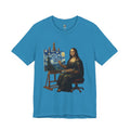Aqua Blue t-shirt with a graphic of the Mona Lisa painting ‘The Starry Night’