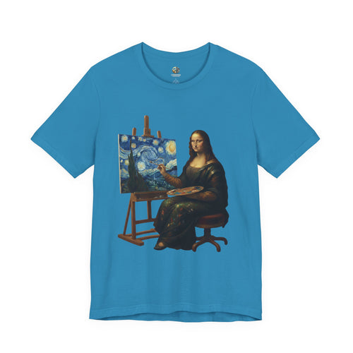 Aqua Blue t-shirt with a graphic of the Mona Lisa painting ‘The Starry Night’