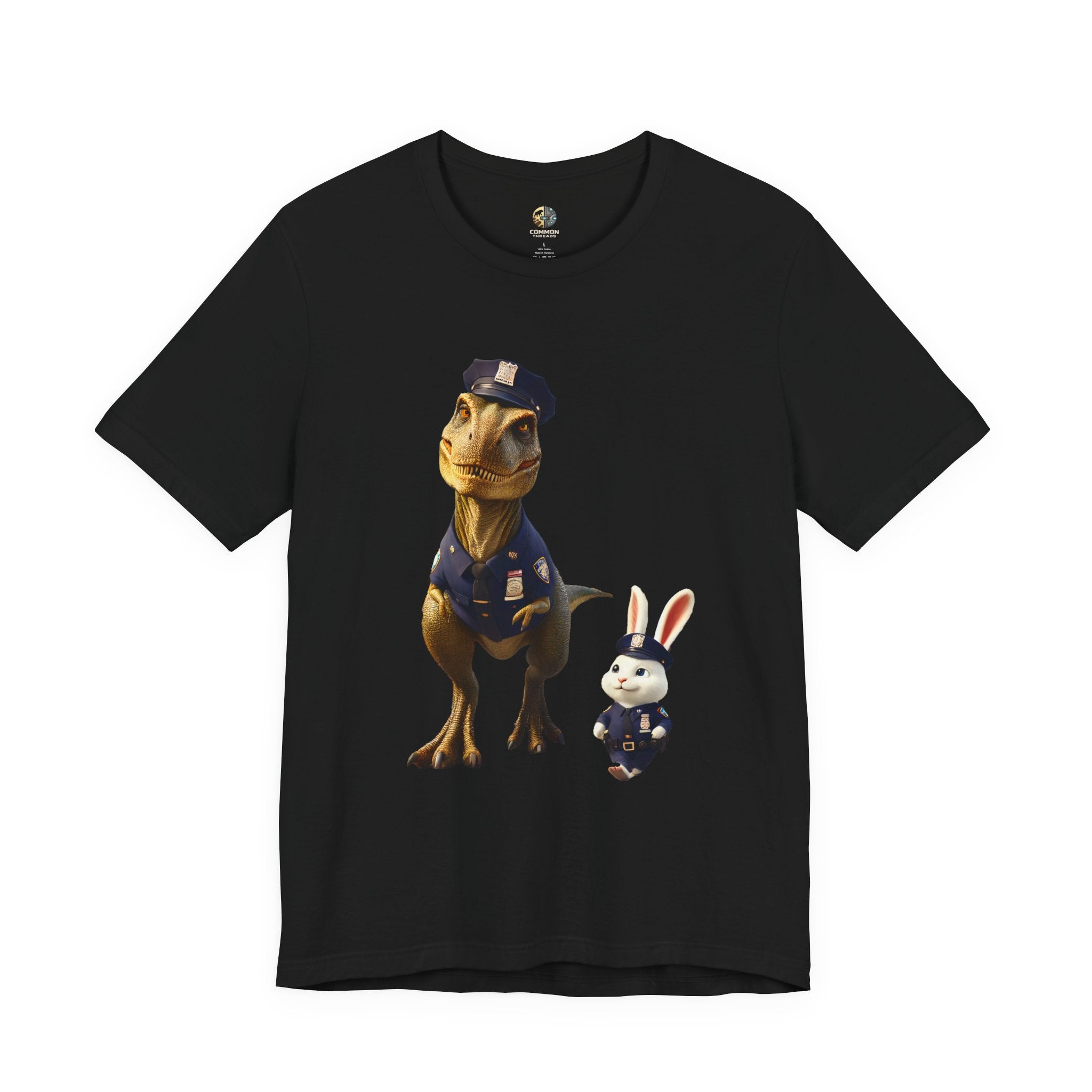 Black T-shirt showing a T-Rex and a bunny dressed as police officers standing together