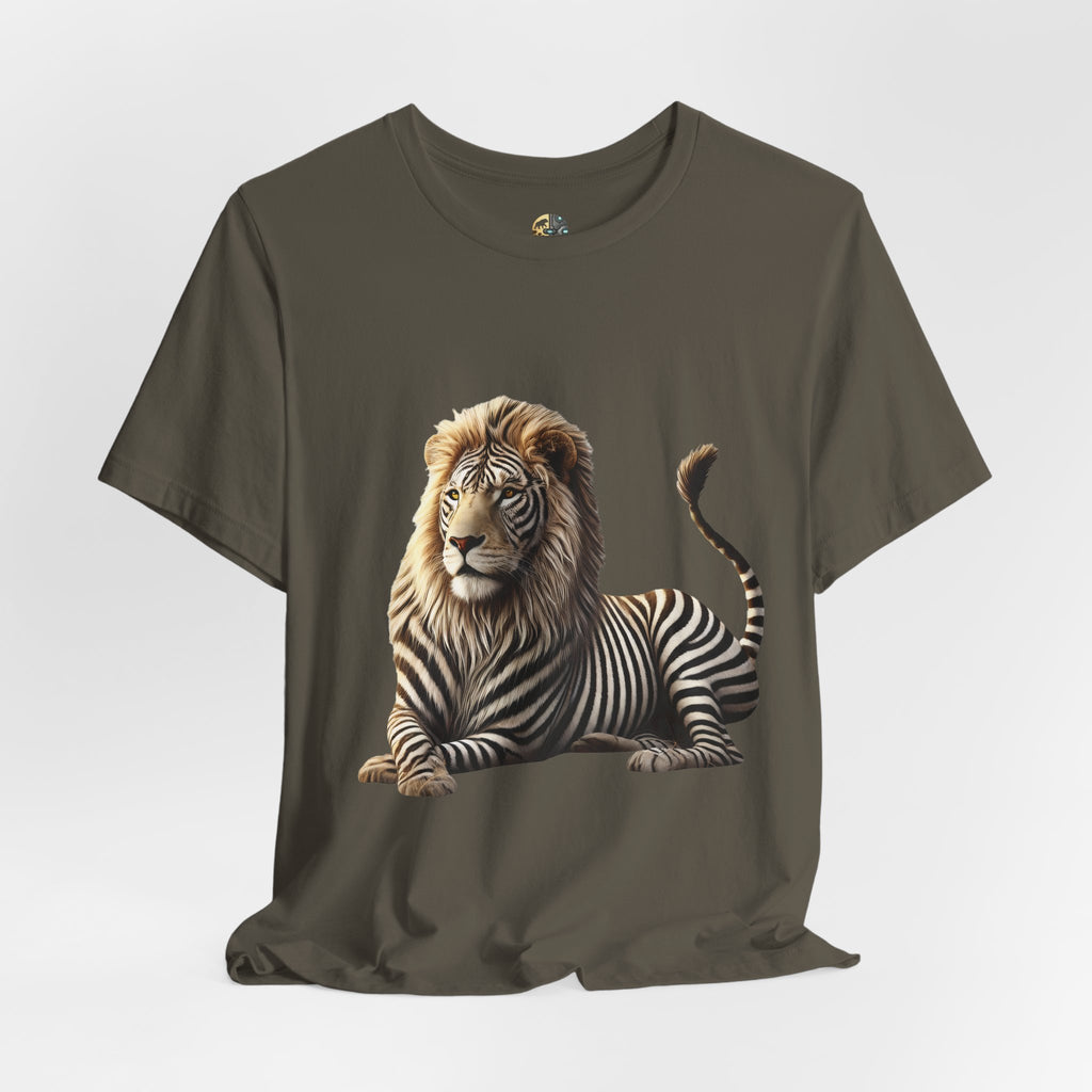 Army color T-shirt with graphic of a lion with zebra stripes