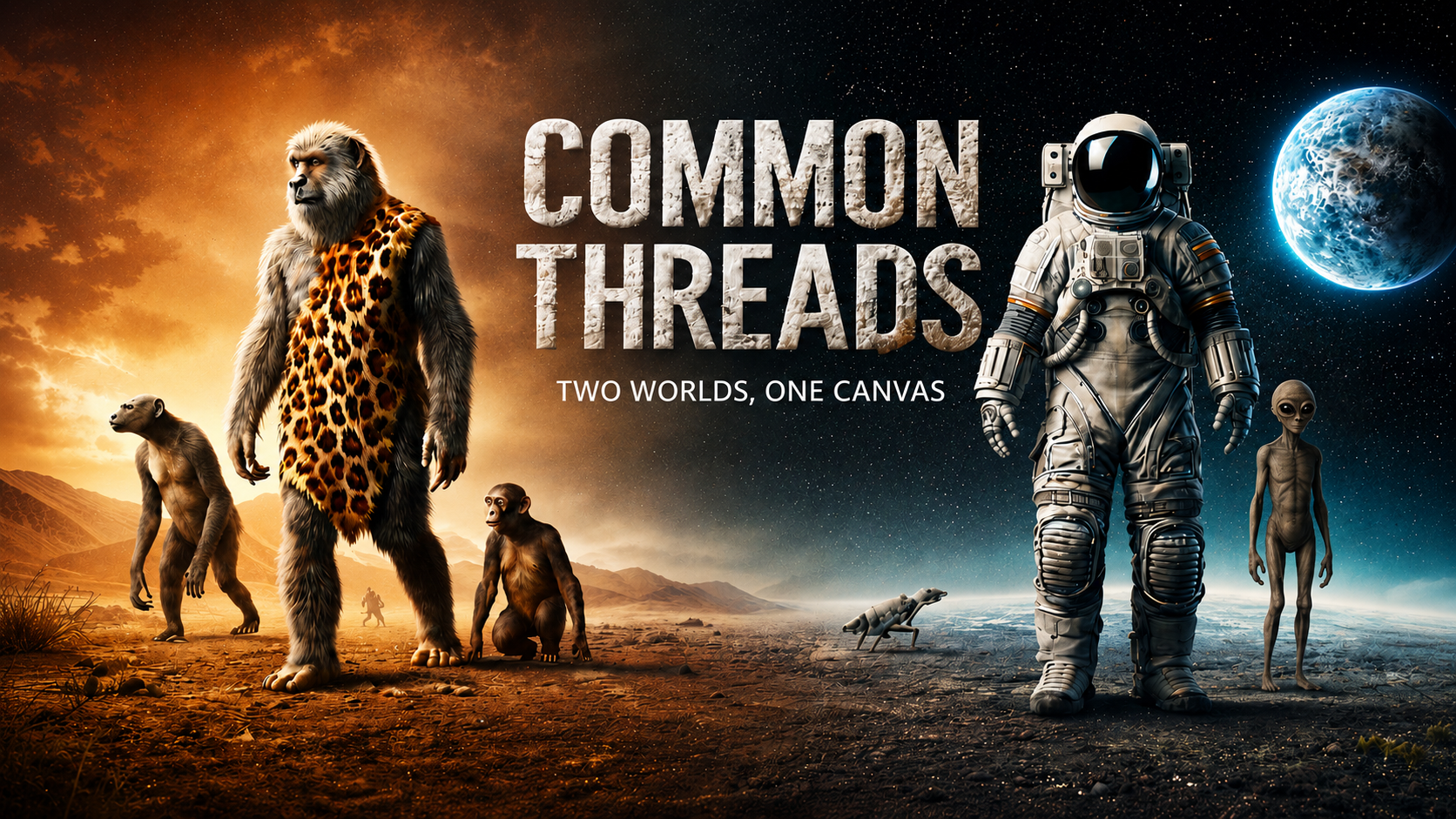 Banner image showing two merged worlds: an astronaut on a foreign planet beside an alien, connected to a scene of a prehistoric man and apes in a desert landscape. Text reads “Common Threads” and “Two Worlds, One Canvas.”