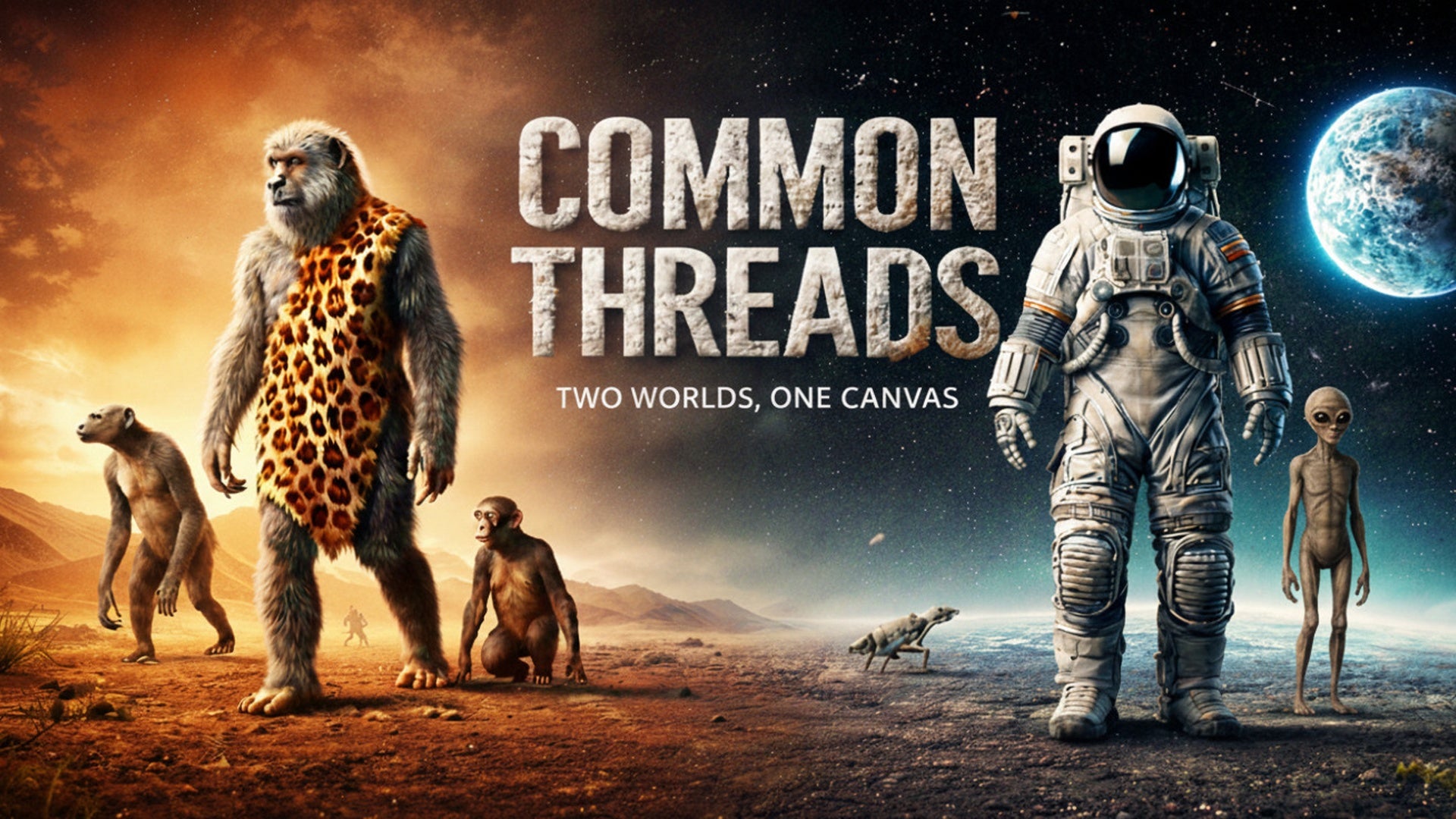 Banner image showing two merged worlds: an astronaut on a foreign planet beside an alien, connected to a scene of a prehistoric man and apes in a desert landscape. Text reads “Common Threads” and “Two Worlds, One Canvas.”