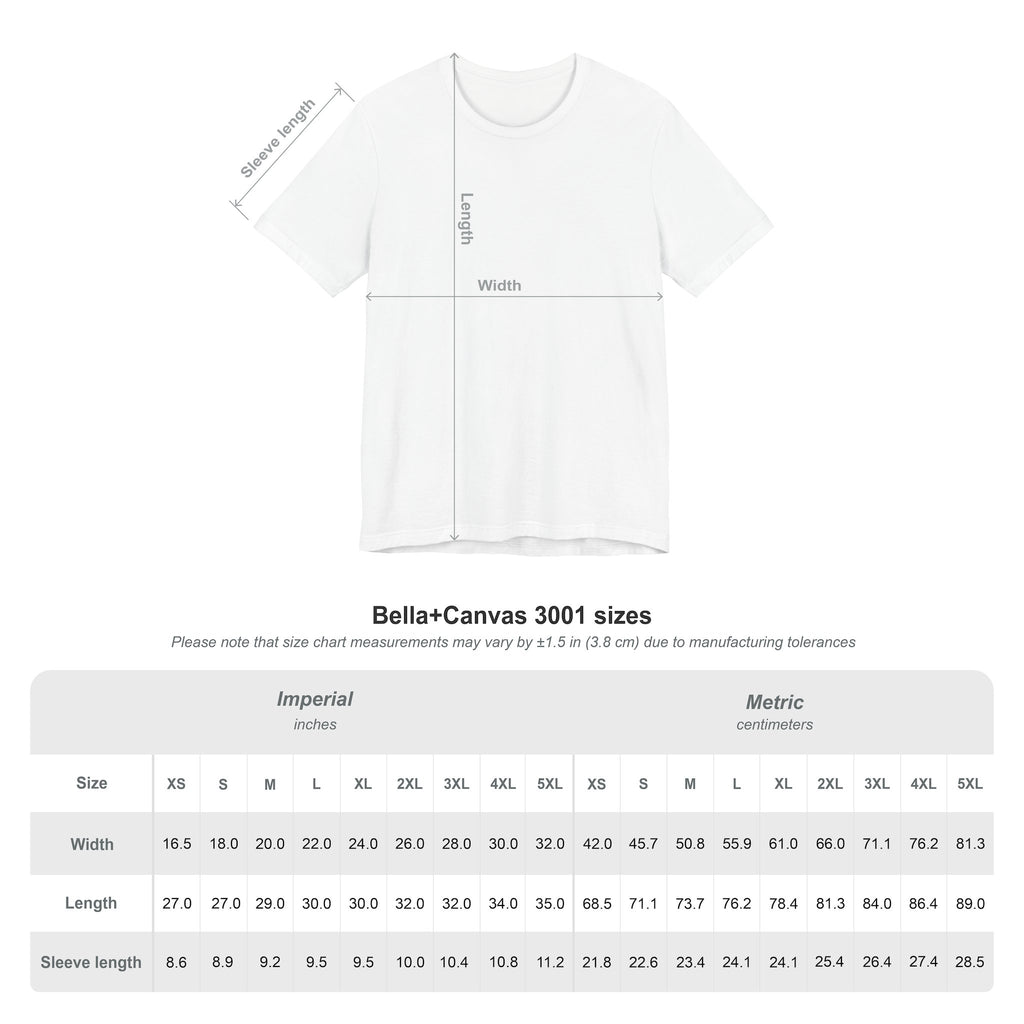 ​Shirt size chart showing measurements for chest, length, and sleeve in inches and centimeters for each available size
