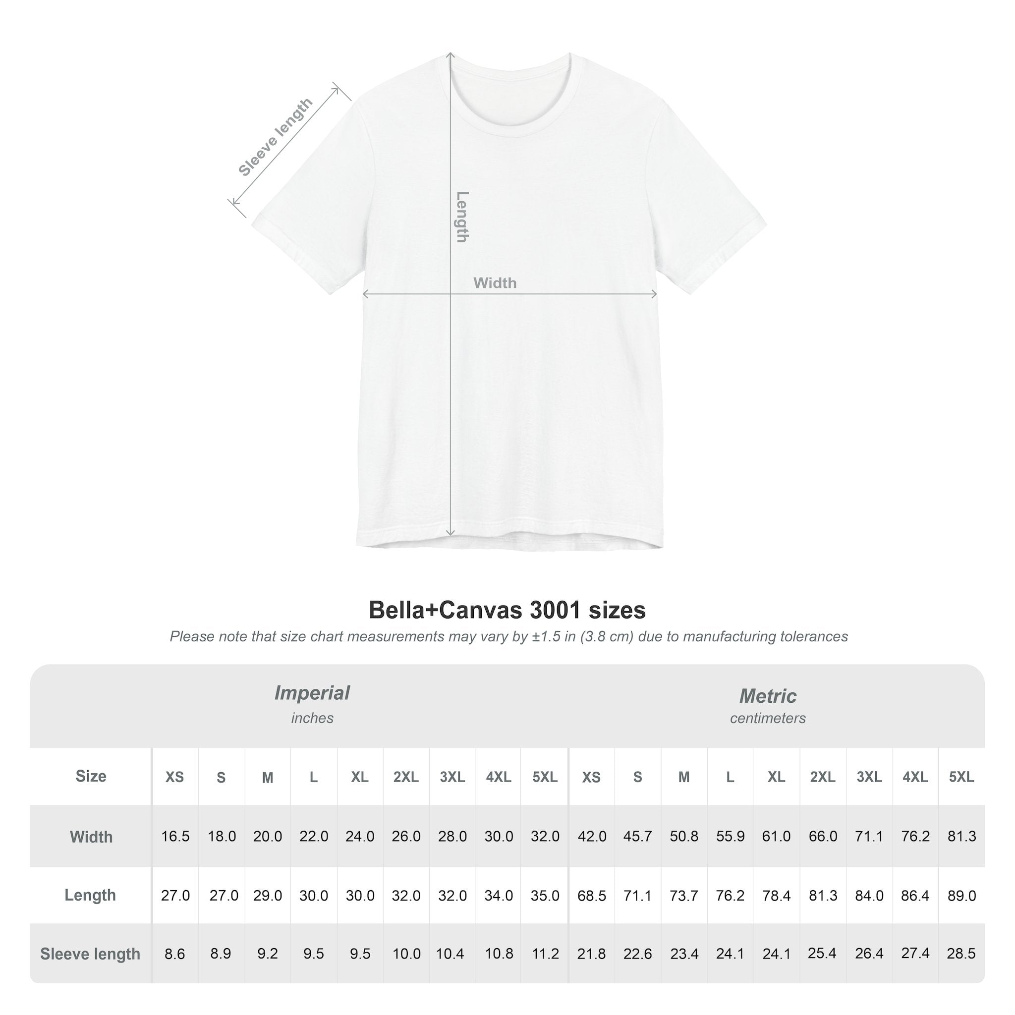 ​Shirt size chart showing measurements for chest, length, and sleeve in inches and centimeters for each available size